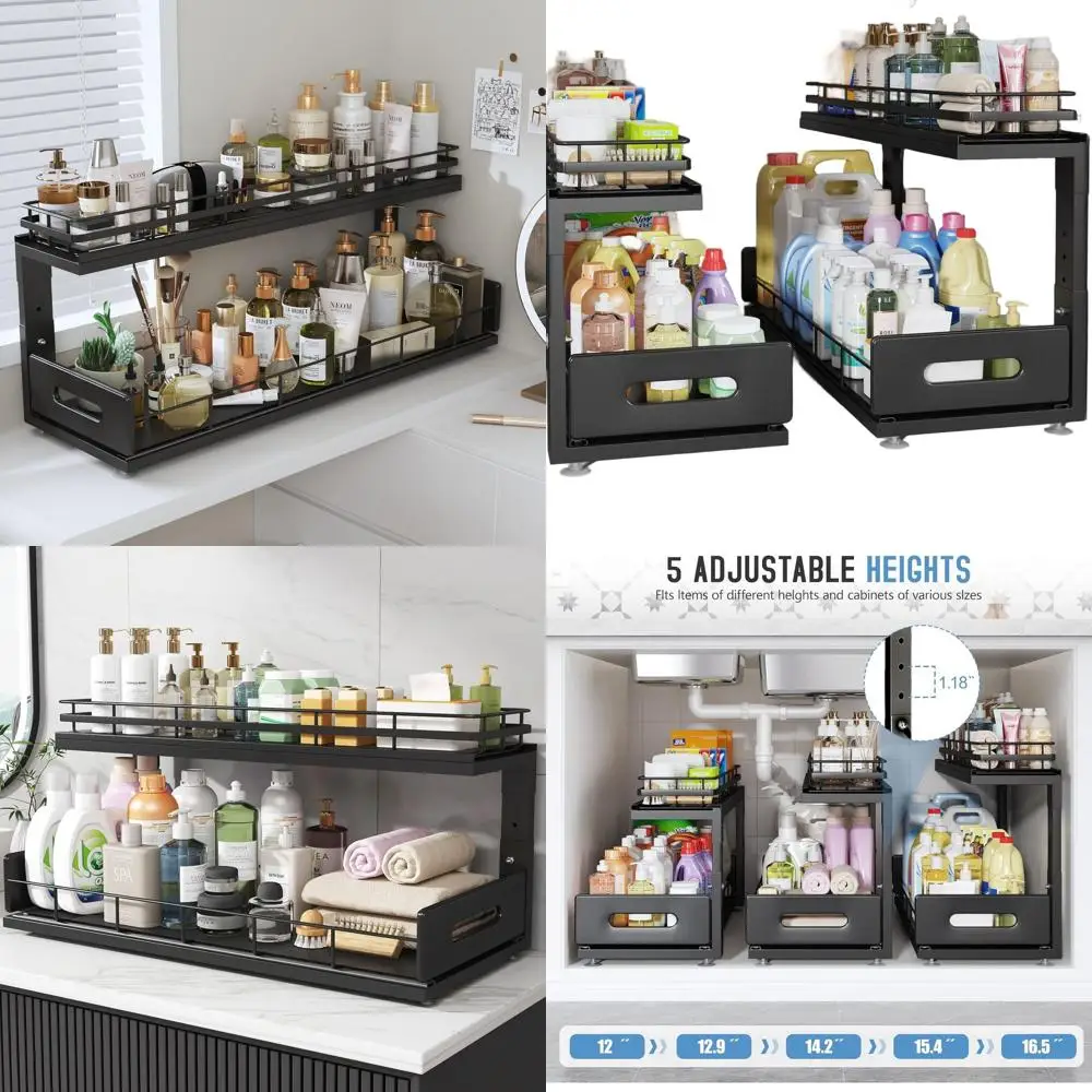 

21-Inch Dual-Tier Pull-Out Cabinet Organizer with Soft-Close Drawers for Kitchen and Bathroom Storage - Black