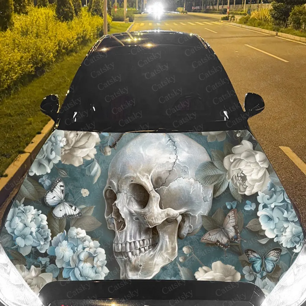 Graceful Blue Floral Skull Car Hood Stickers - Self-Adhesive, Waterproof and Durable Vinyl Wrap, Decorate And Protect Your Car -