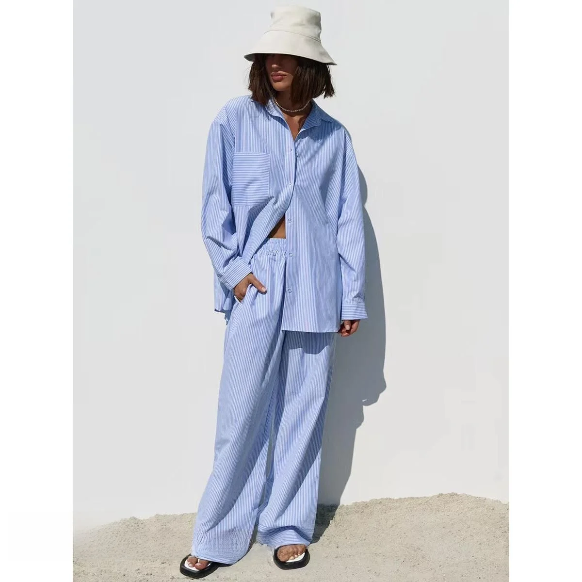 

Свободный удобный модный комплект в полоску и брюки, женский хлопковый осенний комплект одежды, повседневный шикарный ансамбль