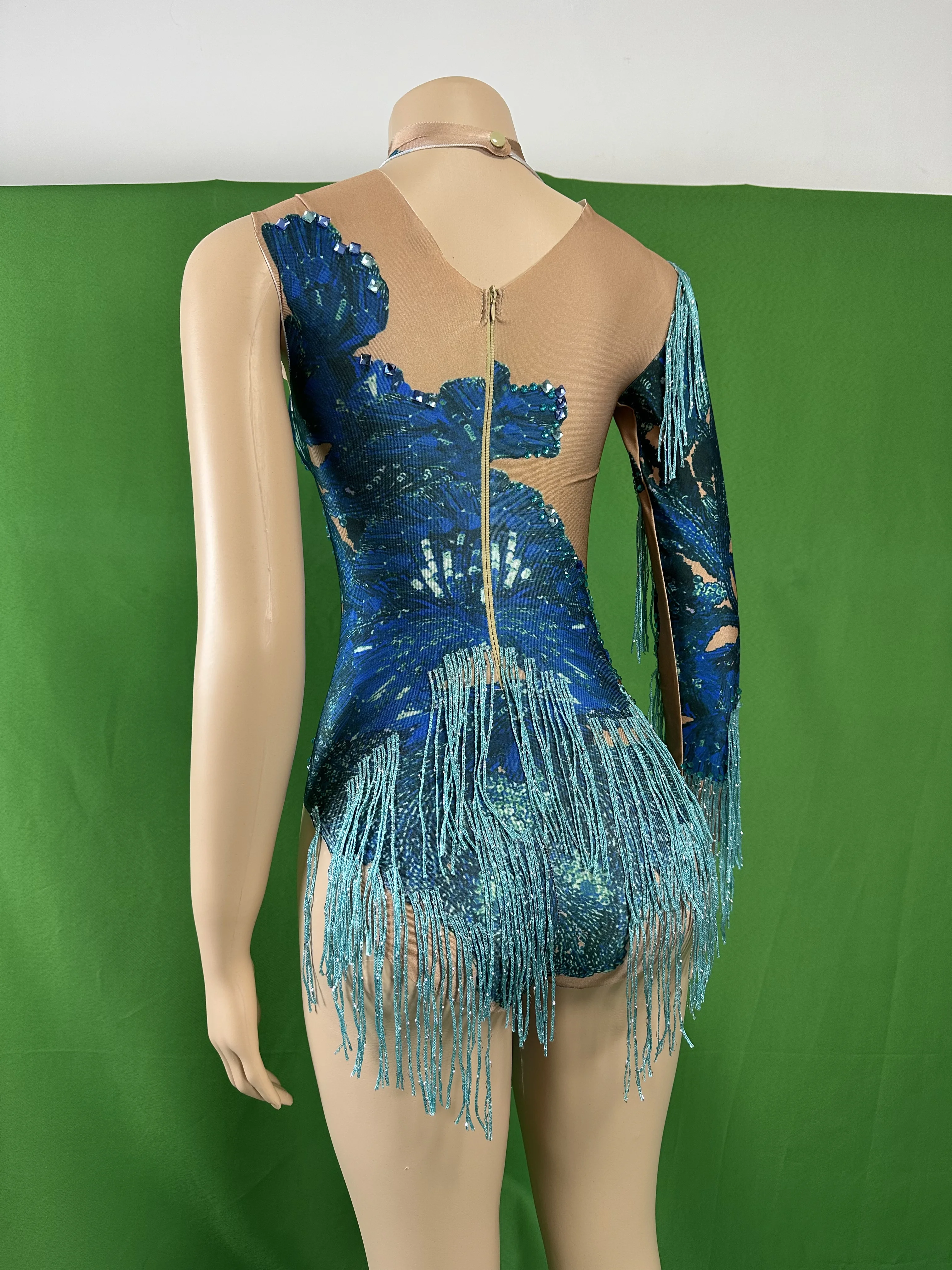 Sparkly Rhinestone Women Bodysuits Blue Single Shoulder Tassel Leotard Party Costume Nightclub Valentine Day Drag Queen Outfit