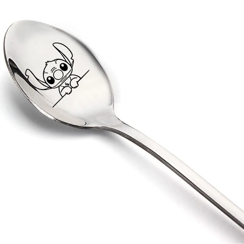 6pcs New Disney Stitch Kawaii Lilo & Stitch Spoon Tableware Cartoon Stainless Steel Spoon Long Handled Ice Cream Dessert Spoon
