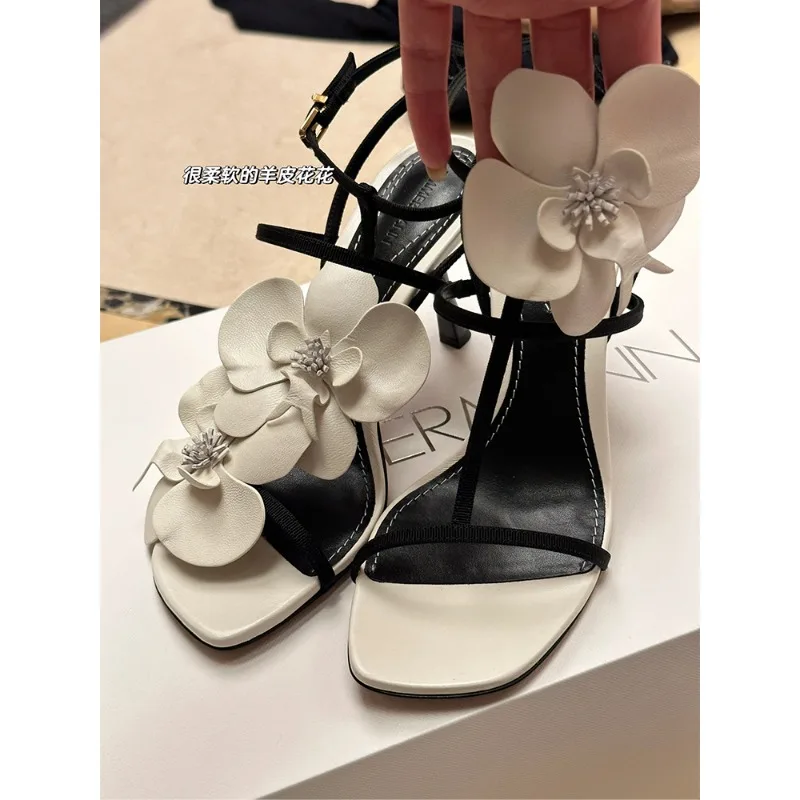 Flower T-Tied Women's Sandals Square Toe Stiletto Side Air Slingback High Heel One Word Belt Buckle Strap Elegant Shoes Wedding