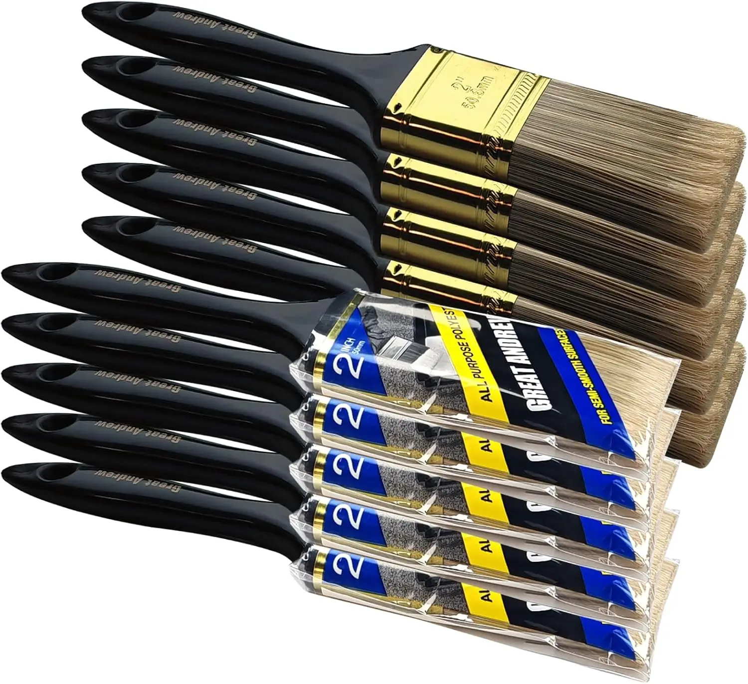 

10 Pack 2" Flat Paint Brushes for Walls, Fences, Trim, Furniture - Multi-Use Bulk Set