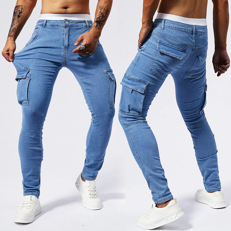 HIQOR Men Street Elastic Denim Jeans Multi Pockets Cargo Pants Casual Slim Denim Trousers Fashion Y2k Joggers Baggy Man Pants