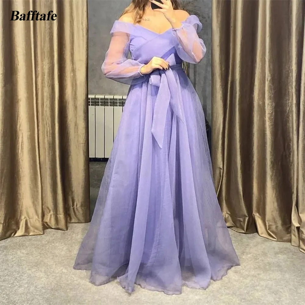 

Bafftafe Lavender Organza Prom Dresses Mexico A Line V-neck Long Sleeves Formal Party Dress Sashes Wedding Bridesmaid Gowns 2024