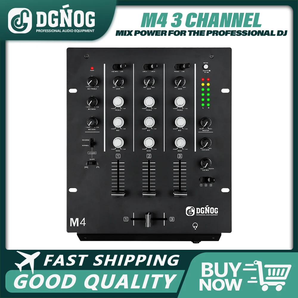 3-Channel Scratch DJ Mixer Rack Mount with 3-Band EQ Microphone Input and Replaceable Crossfader with Reverse and Slope Controls