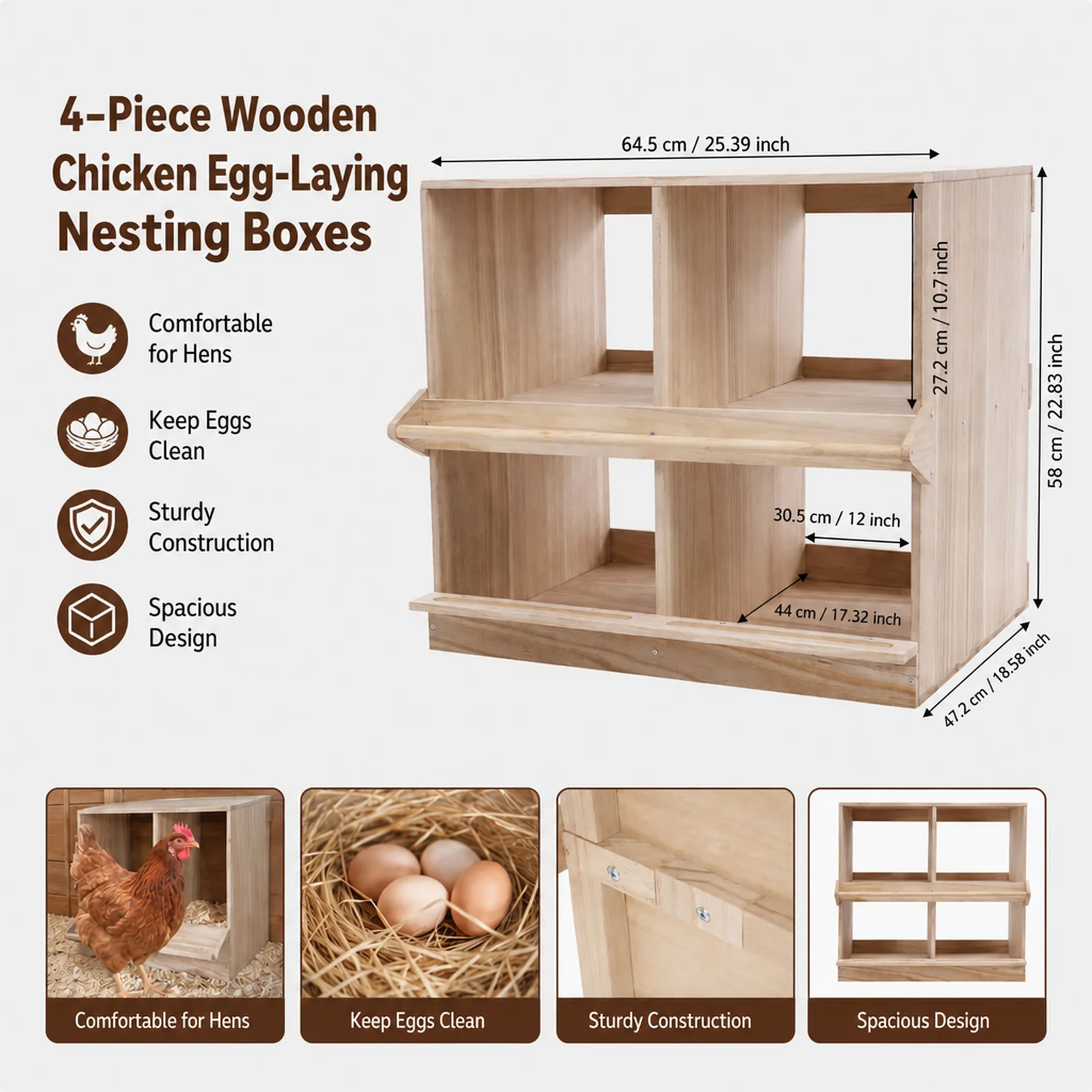 4-Piece Wooden Chicken Egg-Laying Nesting Boxes - In Natural Wood Color Chicken Nesting Box, 4 Compartment Wooden Nesting Boxes for Chickens with Perches, Floor Mount Chicken Nesting Boxes for Homes Farms Chicken Houses Backyards Courtyards