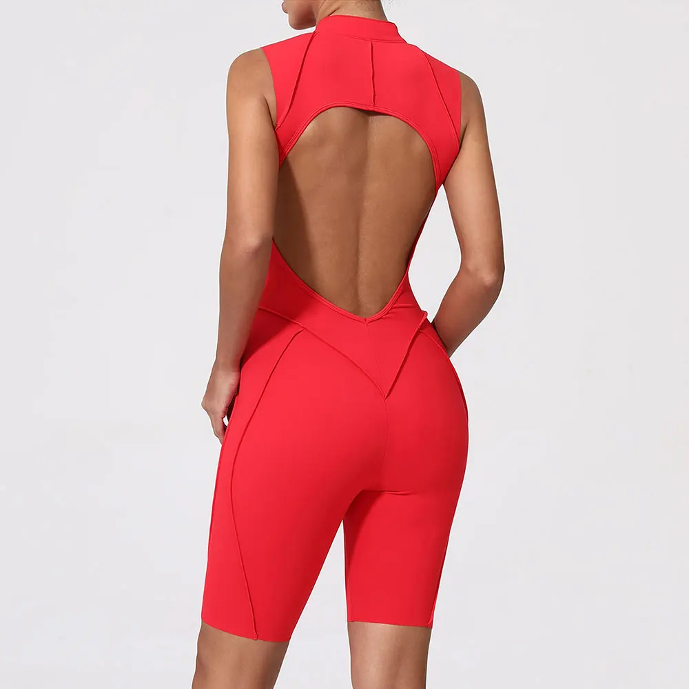 

Sexy Hollow Backless Sport Jumpsuit Short Woman Tracksuit One Piece Gym Outfit Sleeveless Zipper Fitness Overalls Yoga Romper