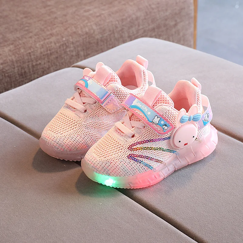 Children's lighting shoes, fly woven breathable soft sole, luminous sports shoes, children's cartoon running shoes