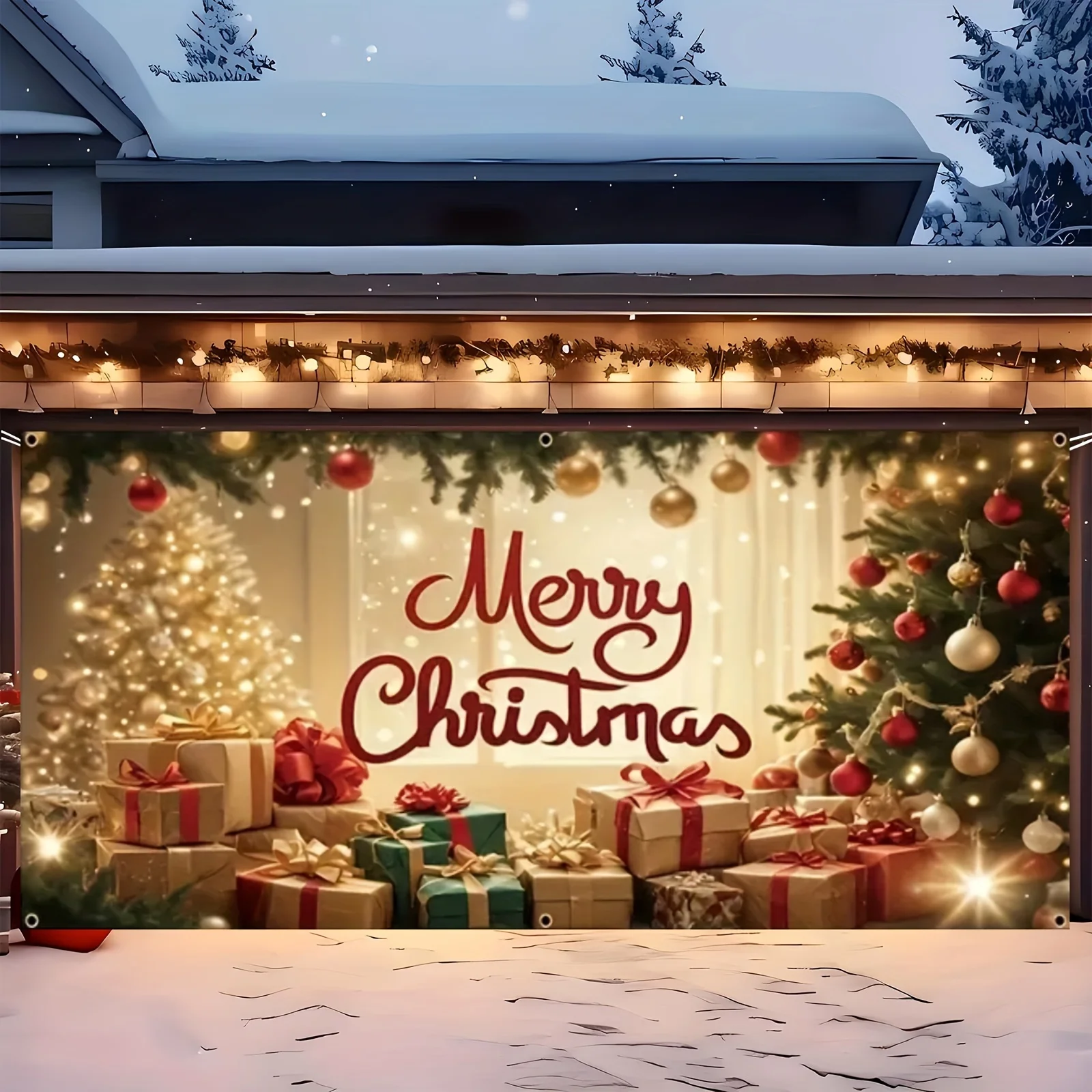 1 funda navideña de gran tamaño para puerta de garaje, fondo navideño, con árbol de Navidad, regalos y luces.