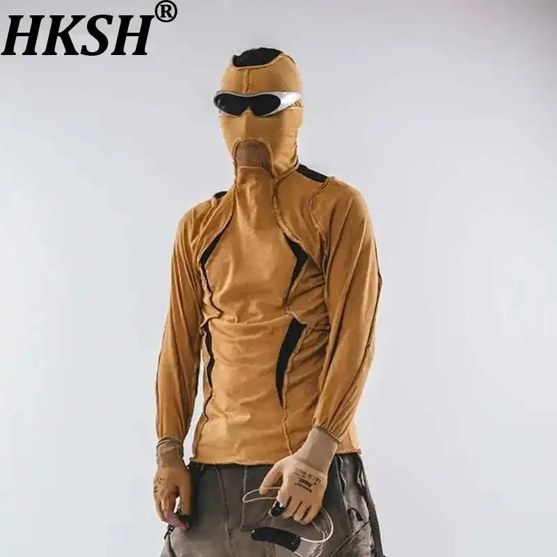 

HKSH Новая мужская хлопковая футболка с капюшоном в стиле винтаж с геометрическим принтом и пэчворком, коллекция Весна-Осень, HK2393