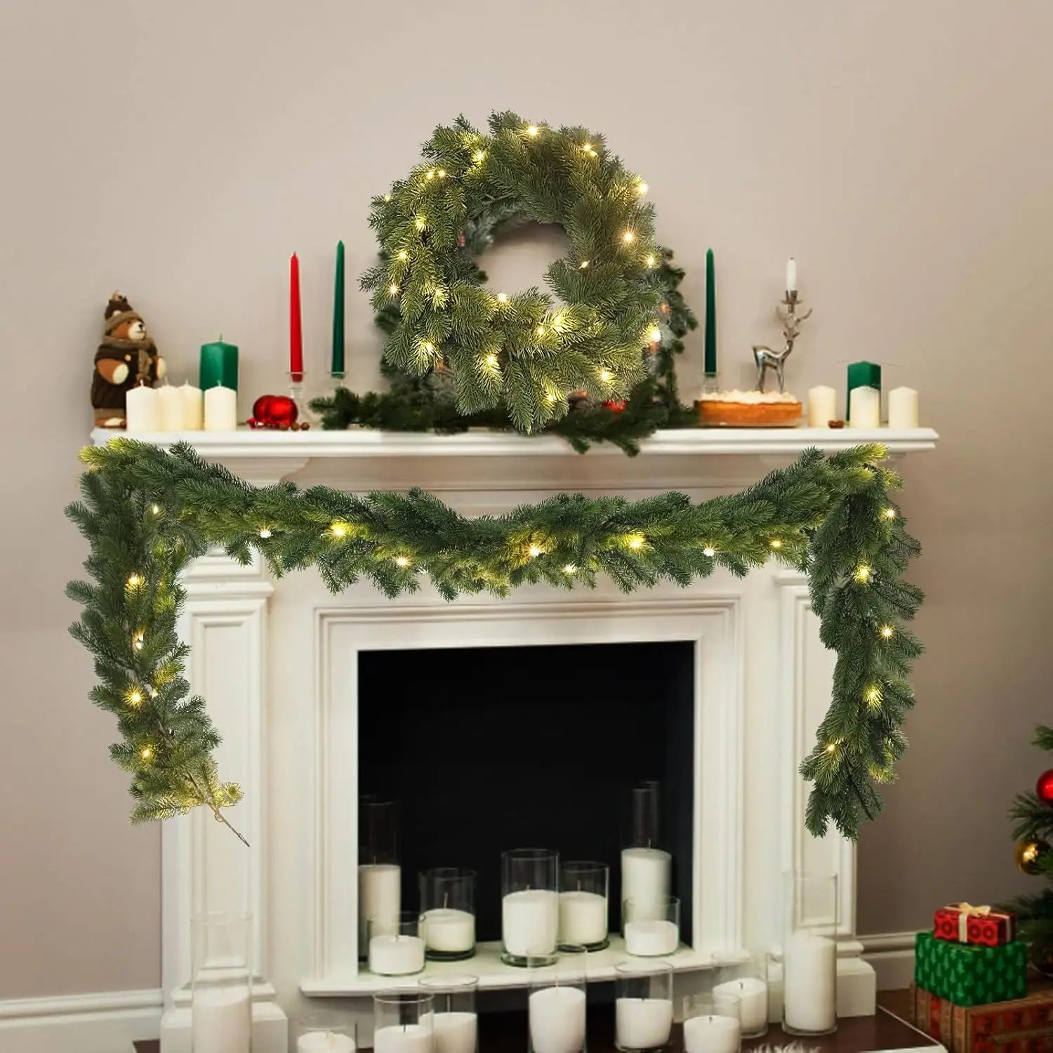 

Искусственный Рождественский венок из сосны дюйма со встроенными светящимися гирляндами, украшение для камина, домашний Рождественский стол, центральный элемент