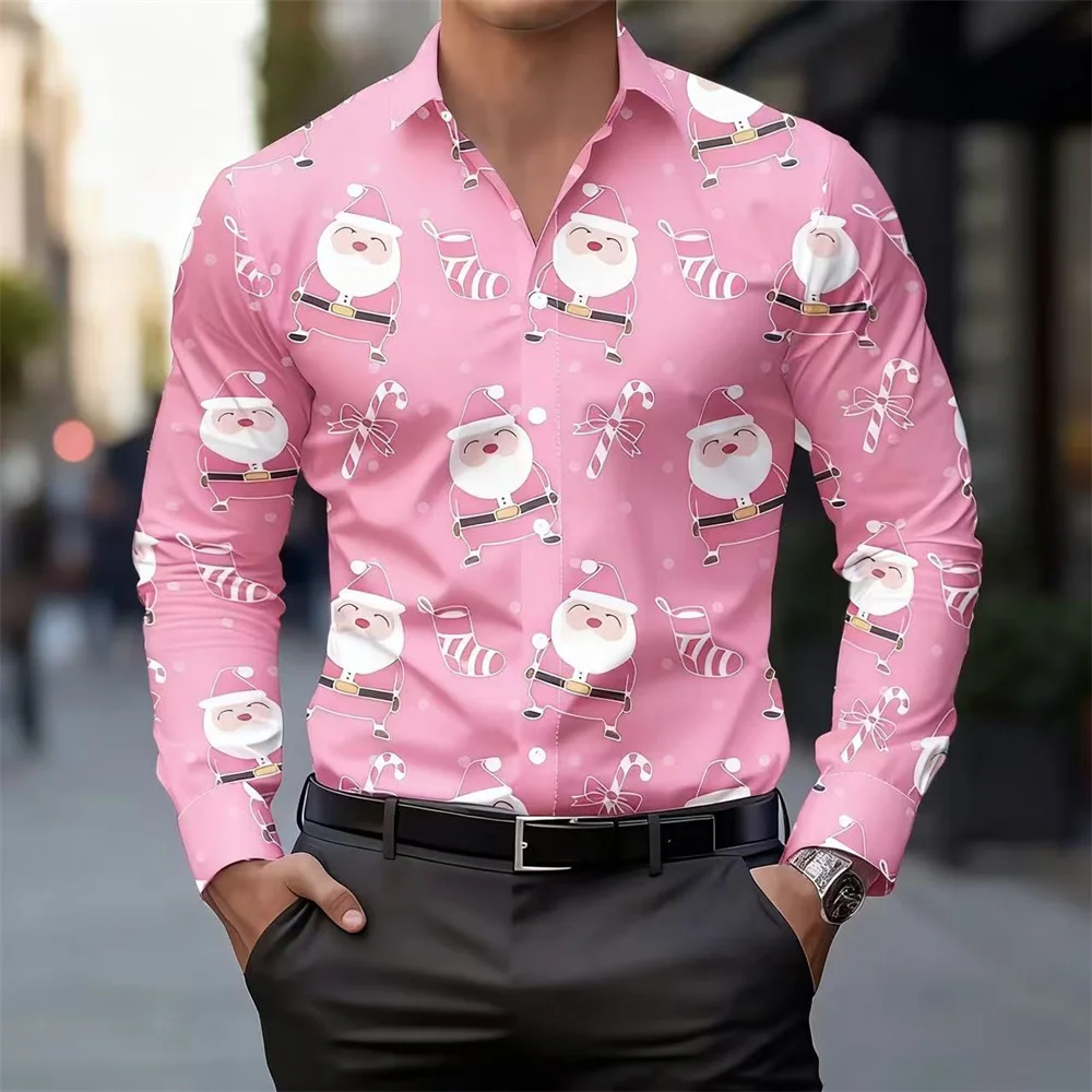 13-color men's Christmas print shirt with Santa Claus and candy cane design, breathable and casual long-sleeved lapel shirt