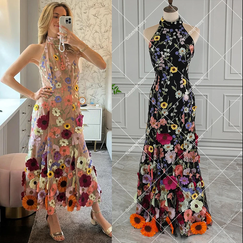 Tea Length Colorful Blossom Halter Homecoming Dress Customized Embroidered 3D Flowers Open Back Tulle Celebrity Evening Dresse