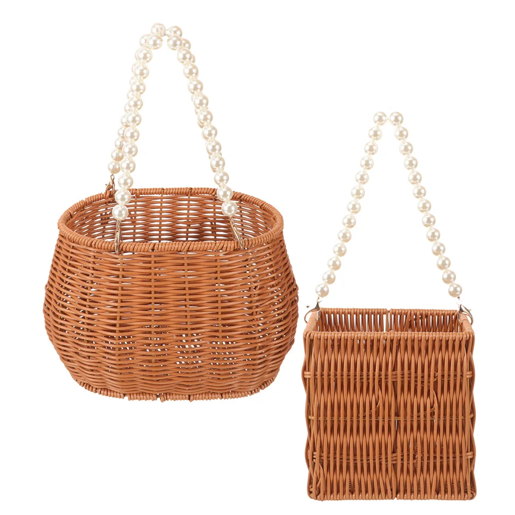 

2pcs Imitation Rattan Woven Basket Fruit Storage Organizer Wedding Flower Holder Portable Kitchen Sundries Container Serving