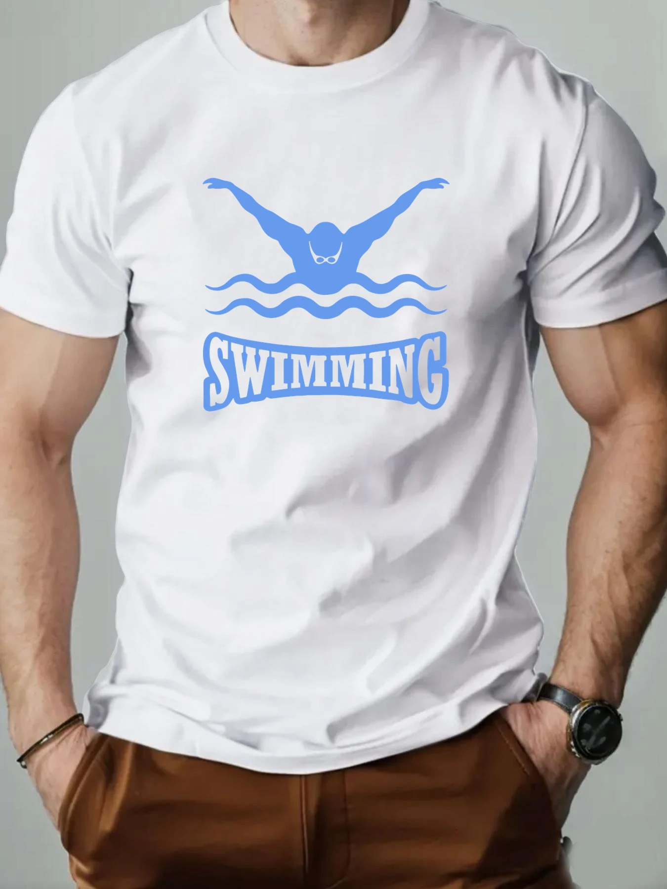 

Man Short Sleeve T-shirt SWIMMING Cartoon Elements Printing Men's Cotton O-Neck Casual Short Sleeve Summer Breathable Top Tees
