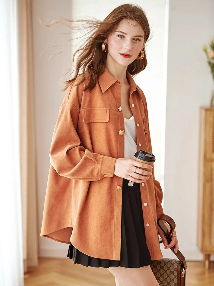 

OLrain Women's Mid-Length Vintage Corduroy Shirt Autumn New Arrival Solid Golden Decorative Buttons Loose-fit Shirt O57QC55565