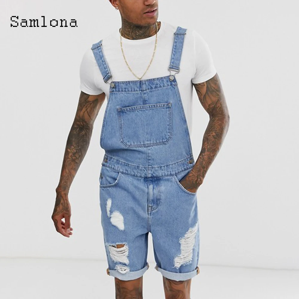 

Samlona Plus Size Men's Fashion Jeans Denim Shorts Blue Multi-Pocket Suspender Rompers Jeans 2023 Summer Frayed Jeans Overalls