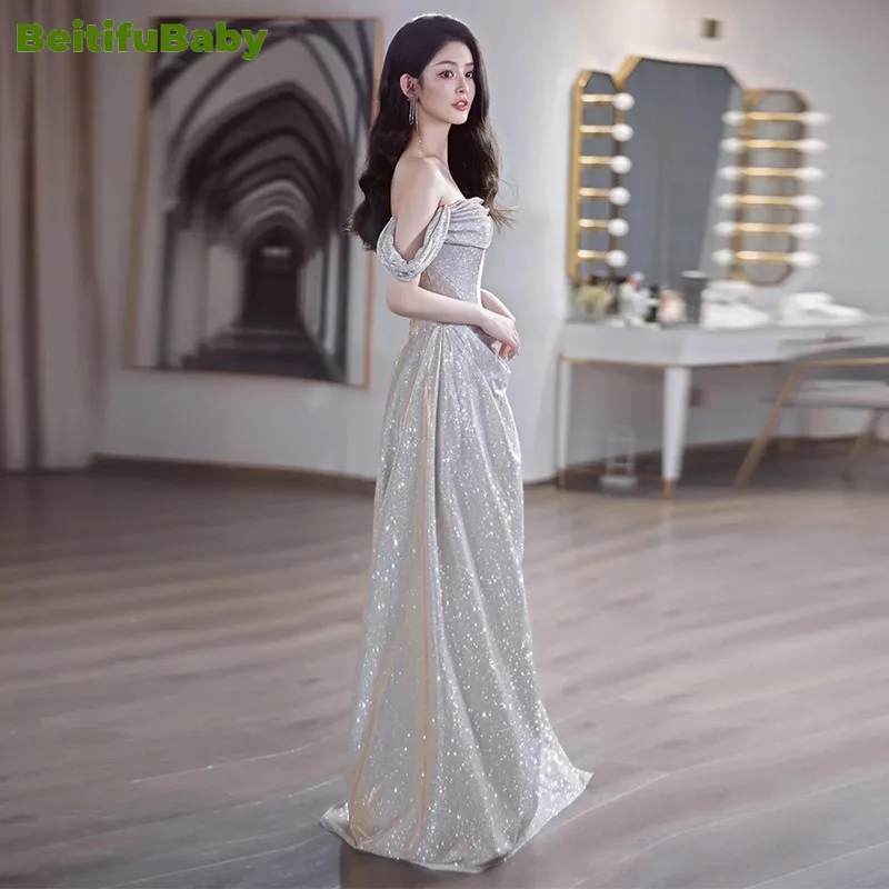 BeitifuBaby Evening Dress for Women Off The Shoulder Boat Neck Long Skirts Retro Banquet Gown Light Luxury Trumpet Party Dresses