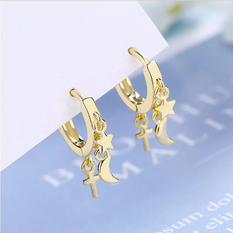 Evimi Silver Gold Color Moon Star Earring For Women Girl Gift Dangle Sole Memory 925 Stamped Jewelry Dropshipping