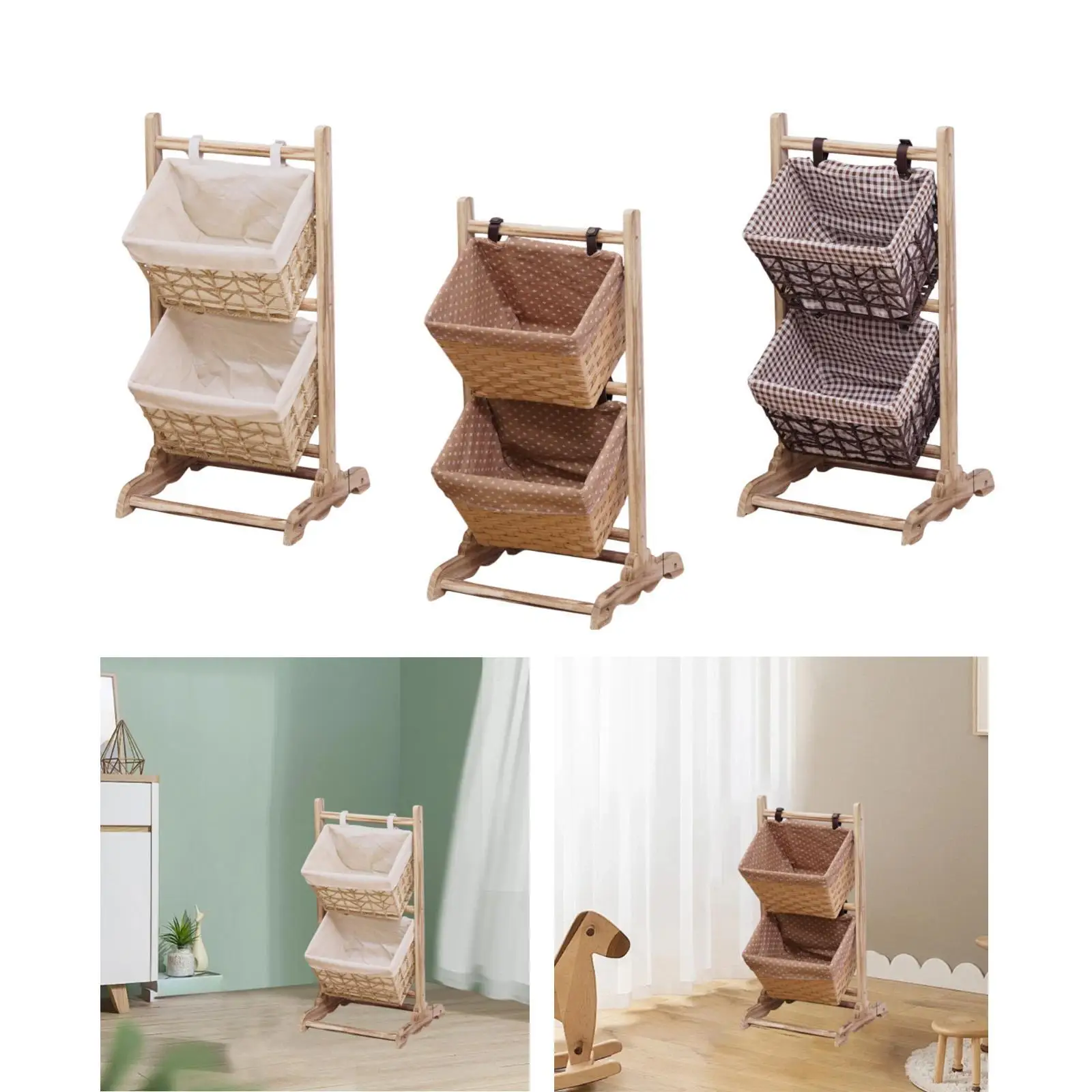 

Wooden Storage Basket Floor Rack Wood Frame Bookshelf Heavy Duty 2 Tier Organizer Storage Rack Stand for Living Room Bathroom