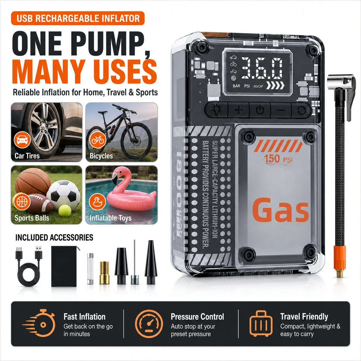

2-in-1 Cordless & Wired Tire Inflator, 150PSI Mini Air Compressor with 1800mAh Battery for Car, Bike and Outdoor Use