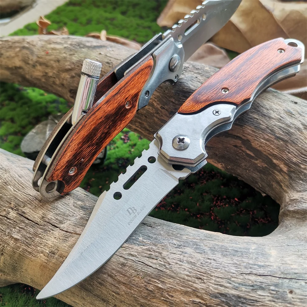 LED Light Folding Blade Knife with Wooden Handle for Hunting, Self Defense and Survival - Portable and Versatile Pocket Knives