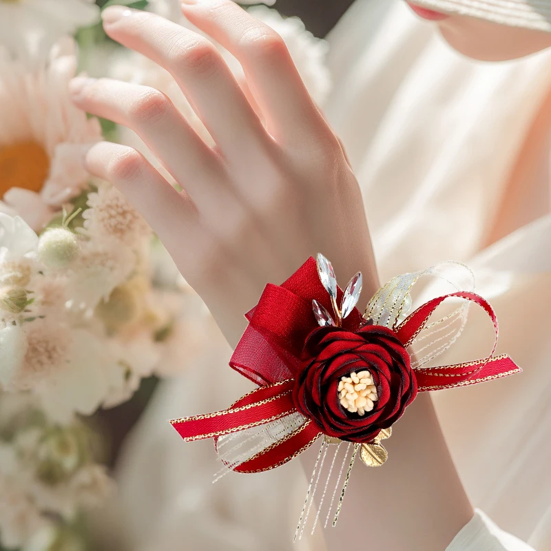 Ramillete de flores de muñeca de perlas de imitación para niñas, suministros nupciales de dama de honor, boda, fiesta de graduación, tela de flores de mano, accesorios