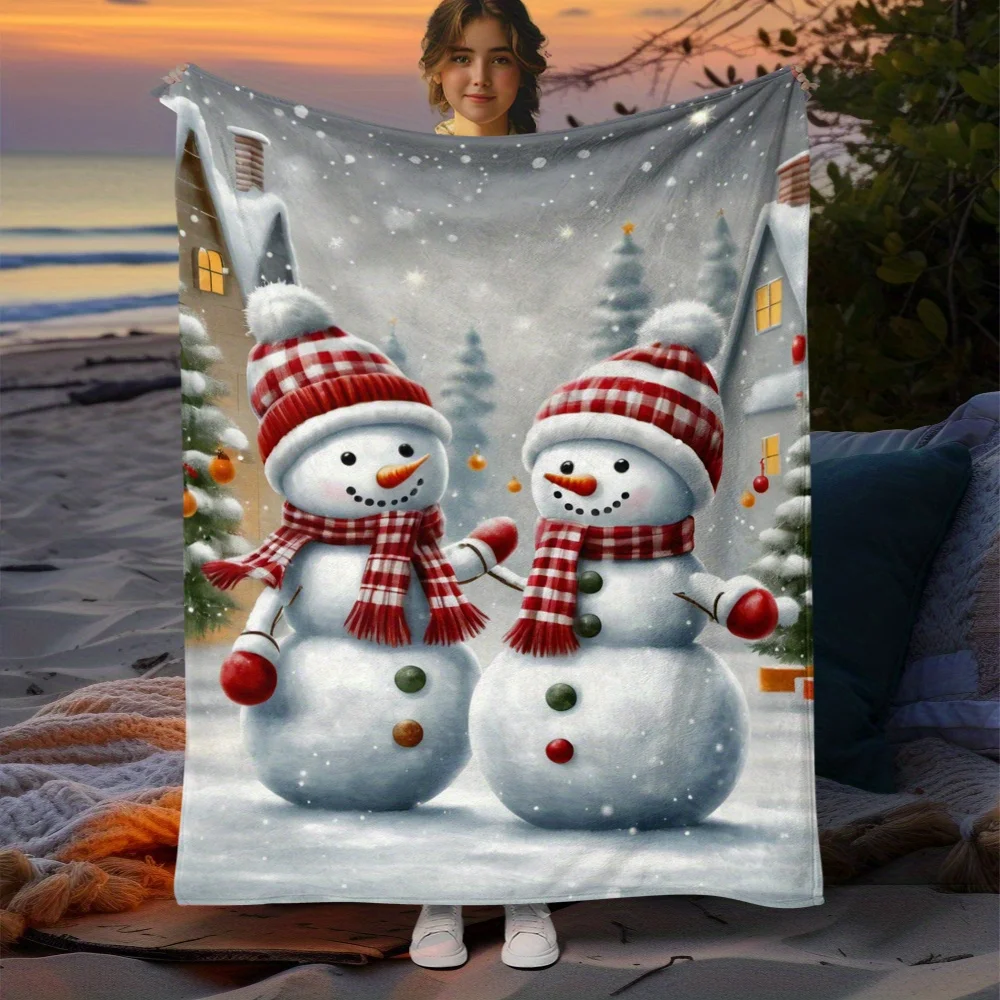 

1pc Cozy Christmas Snowman Flannel Throw Blanket - Lightweight, All-Season Knit Fleece for Sofa, Bed, Travel - Soft Polyester