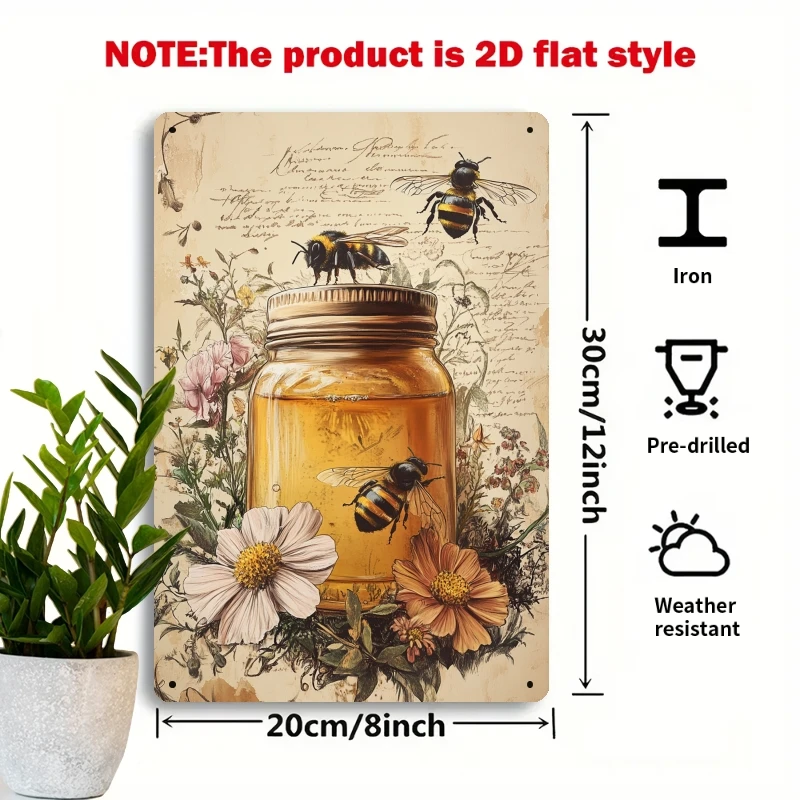 8x12 Inch Vintage Bee Honey Jar and Flower Metal Tin Sign, Retro Wall Art Decor for Living Room, Bedroom or Garden