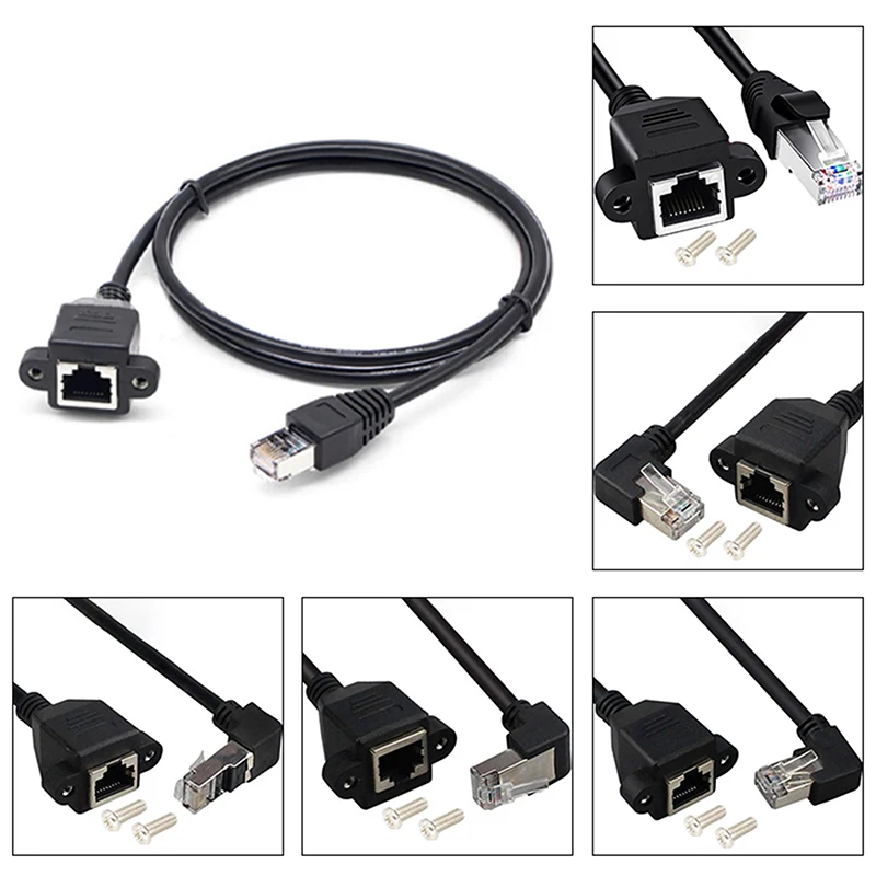 1Pc Compact Design 8Pin RJ45 Cable Male To Female Screw Panel Mount Ethernet LAN Network 90 Degree Right Angle Extension Cable