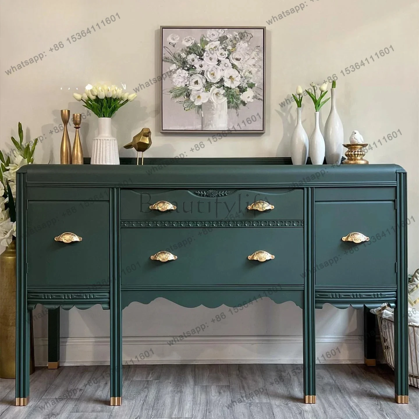 

French Retro Solid Wood Carved Porch Cabinet American Living Room Home Decoration Dining Side Cabinet Art Wall Storage Cabine