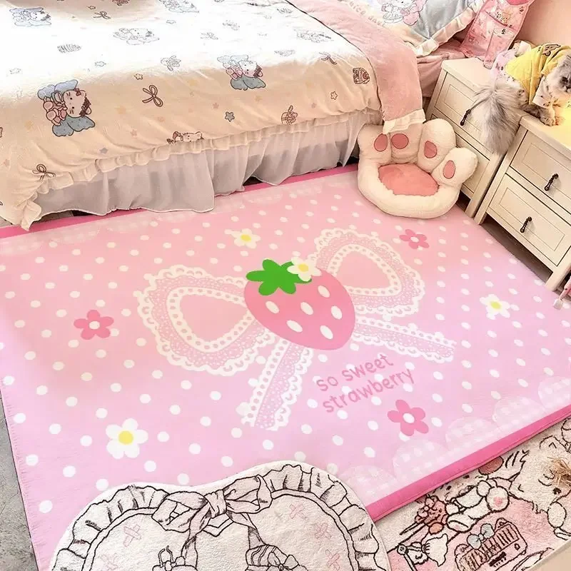 Alfombra de área con diseño de fresa rosa y lazo, antideslizante, lavable, de felpa, ideal para el suelo, con un diseño de dibujos animados, perfecta para la habitación de niñas, la habitación de los niños o como elemento decorativo para el hogar.