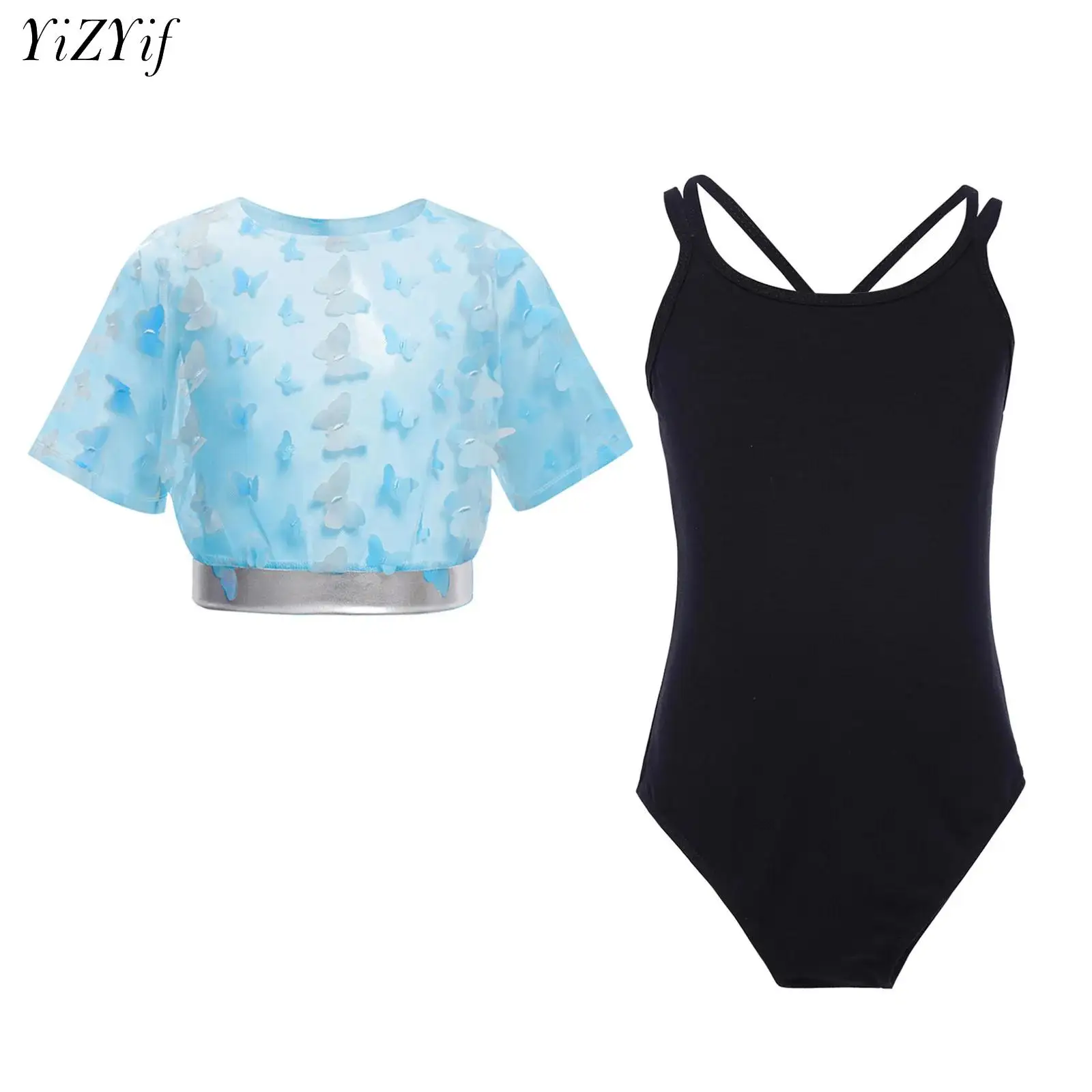 

Kids Girls Gymnastics Jersey Dance Camisole Leotards with Butterfly Sheer Mesh Cover-Ups Ballet Dance Warm Up Practice Costume