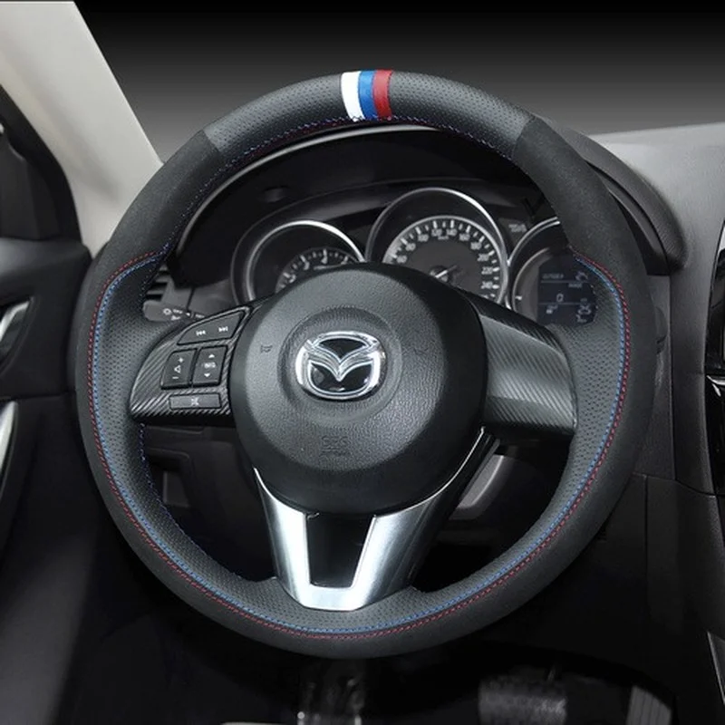 Hand-Stitched Leather Suede Carbon Fibre Car Steering Wheel Cover for Mazda 3/6 M5 Cx-5 Cx-4 Cx-8 Interior Accessories