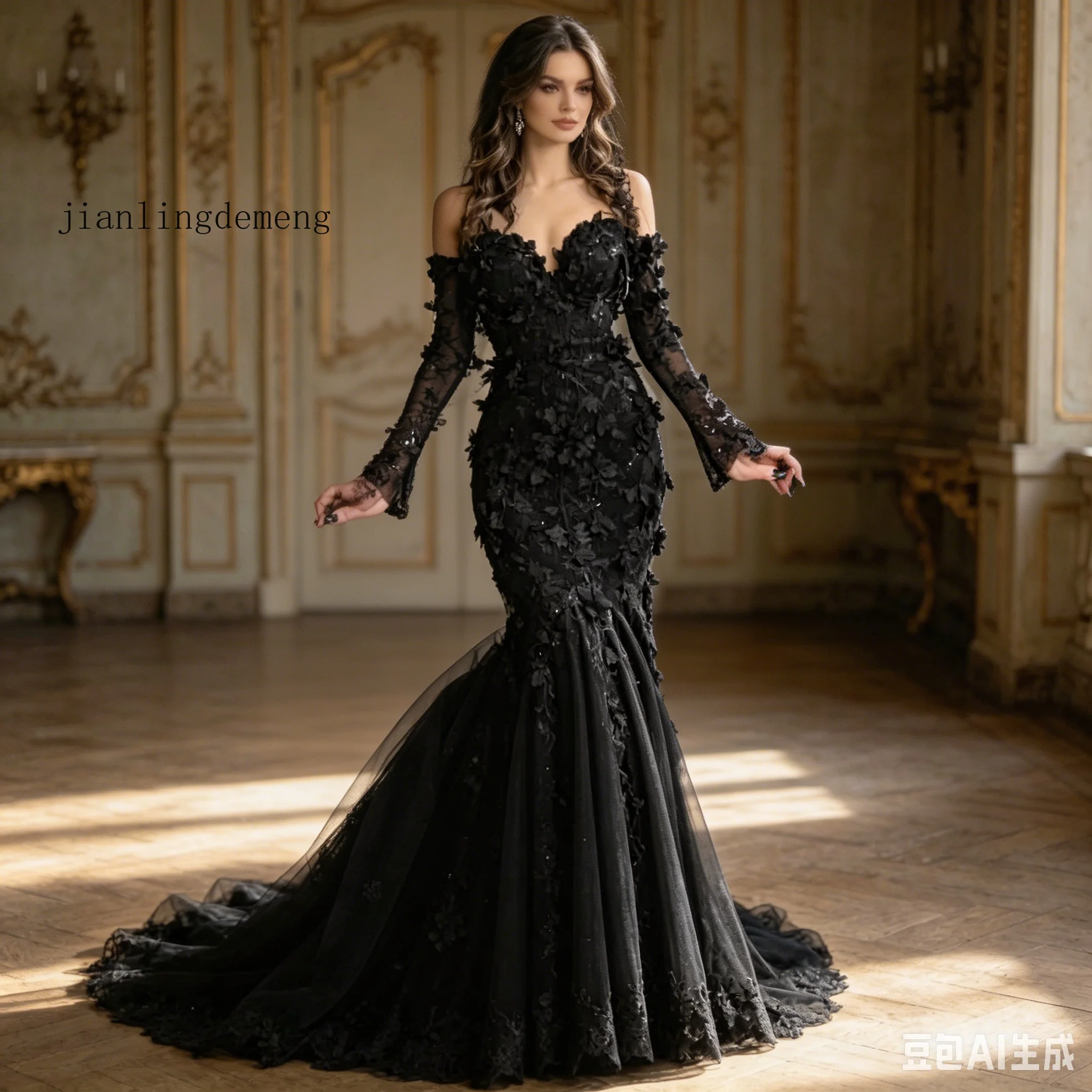 Mermaid Black Gothic Wedding Dress  Floral Lace Sparkle Long Sleeve Bridal Gown with Train for Halloween Elopement Customized