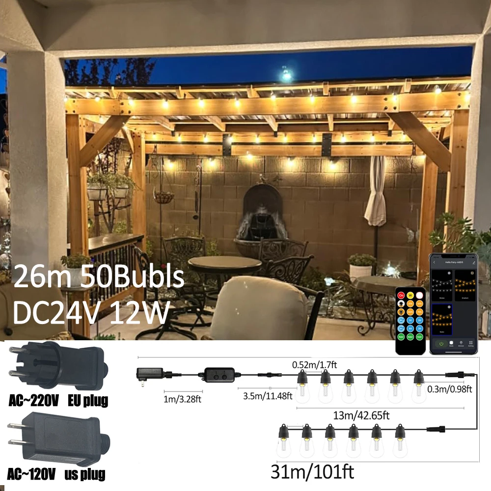 S14 Outdoor Lights DIY String Lights 3Modes Adjustable Remote Control Lights Bulbs for Patio Garden Outside Backyard Christmas