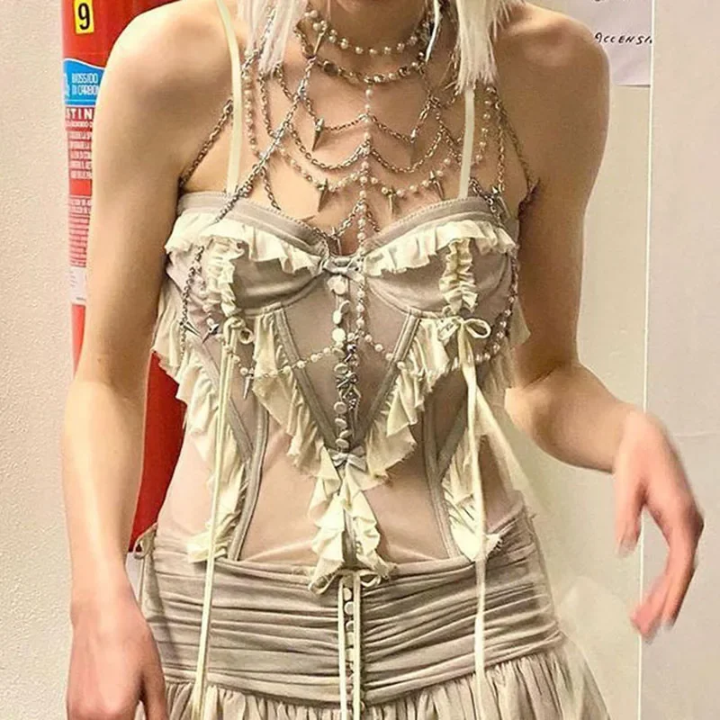 Y2K Lace Ruffles Crop Top Grey Fairycore Balletcore Mini Vest Women Chic Summer Party Holiday Camisole See Through Tee