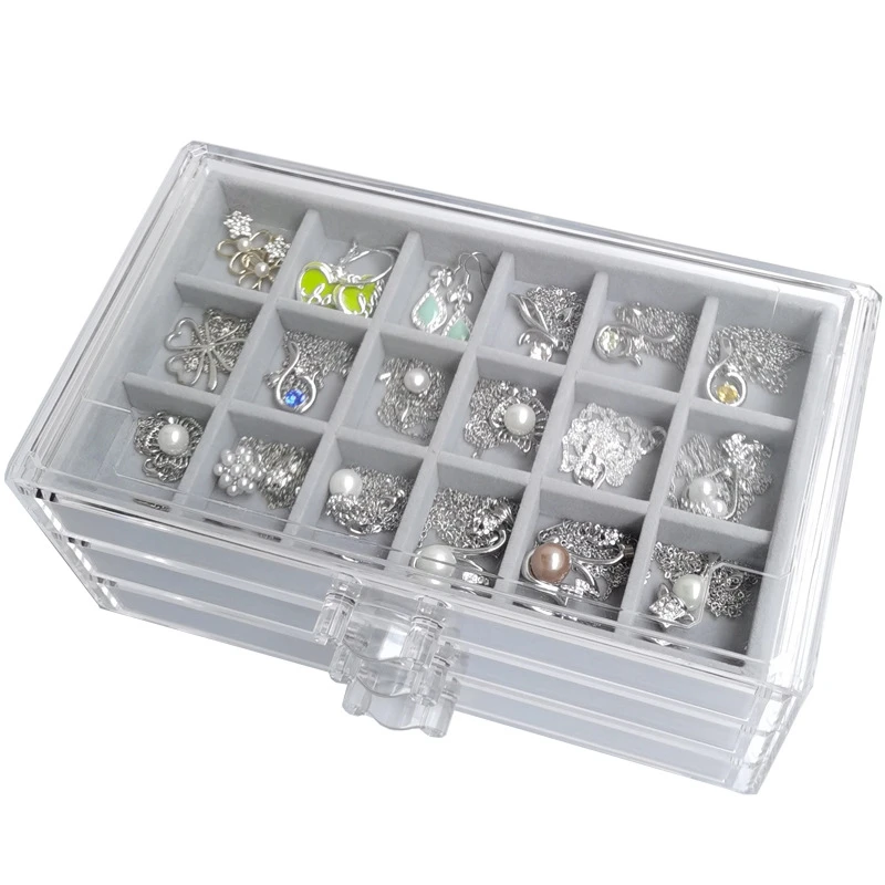 Present Three-Drawing Multi-Frame Acrylic Flannel Storage Box Jewelry Necklace Finishing Box Earrings Ring Display Stand Tray