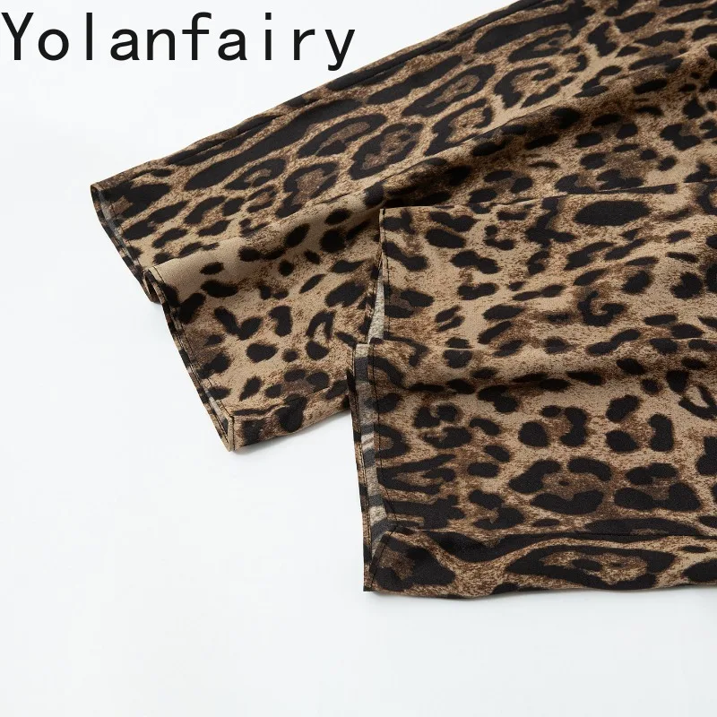 YOLANFAIRY 100% Real Mulberry Silk Pants Women Vintage Leopard Print Silk Crepe Wide Leg Pants Straight Trousers Casual Pants