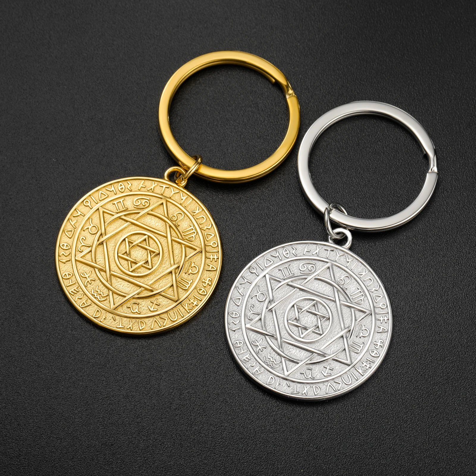 Seal of Solomon Keychain Hexagram Star of David Engraved Hexagram Magical Symbol Keyring Stainless Steel Protection Amulet