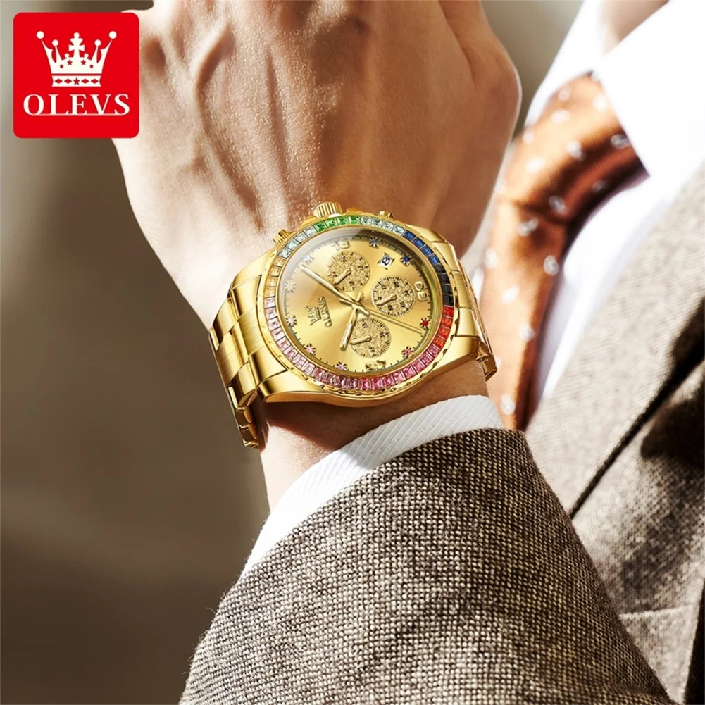 OLEVS 2939 Luxury Quartz Watch For Men Diamond Top Brand Waterproof Man Watch Chronograph Calendar Stainless Steel Hand Clock