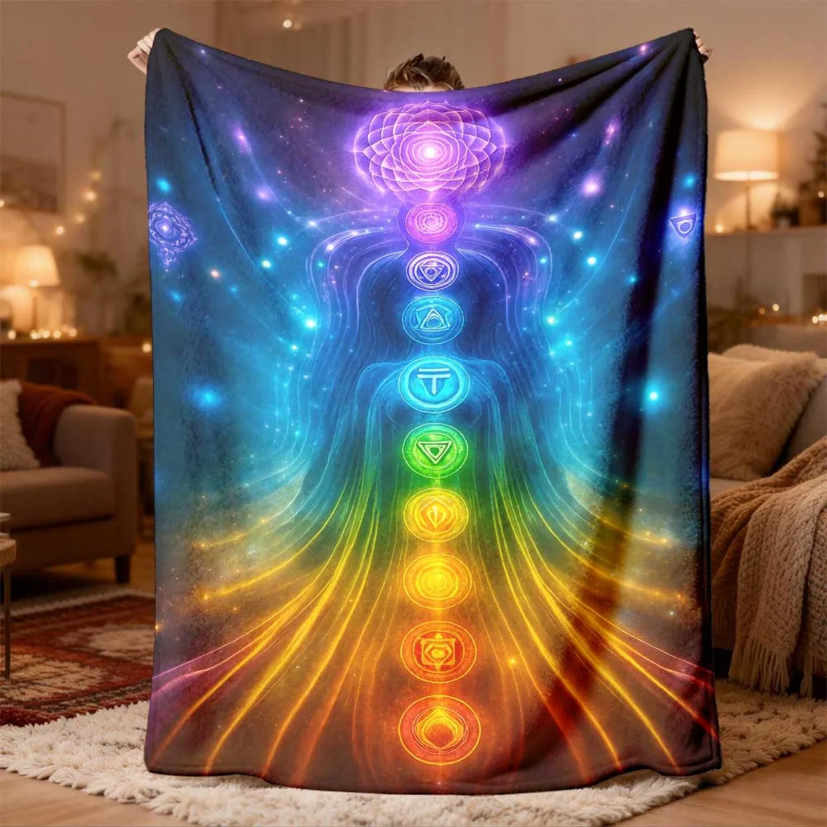 Rainbow Chakra Spiritual Art Flannel Blanket Lightweight Warm Throw Blanket for Bedroom Sofa Camping Home Wall Ornament
