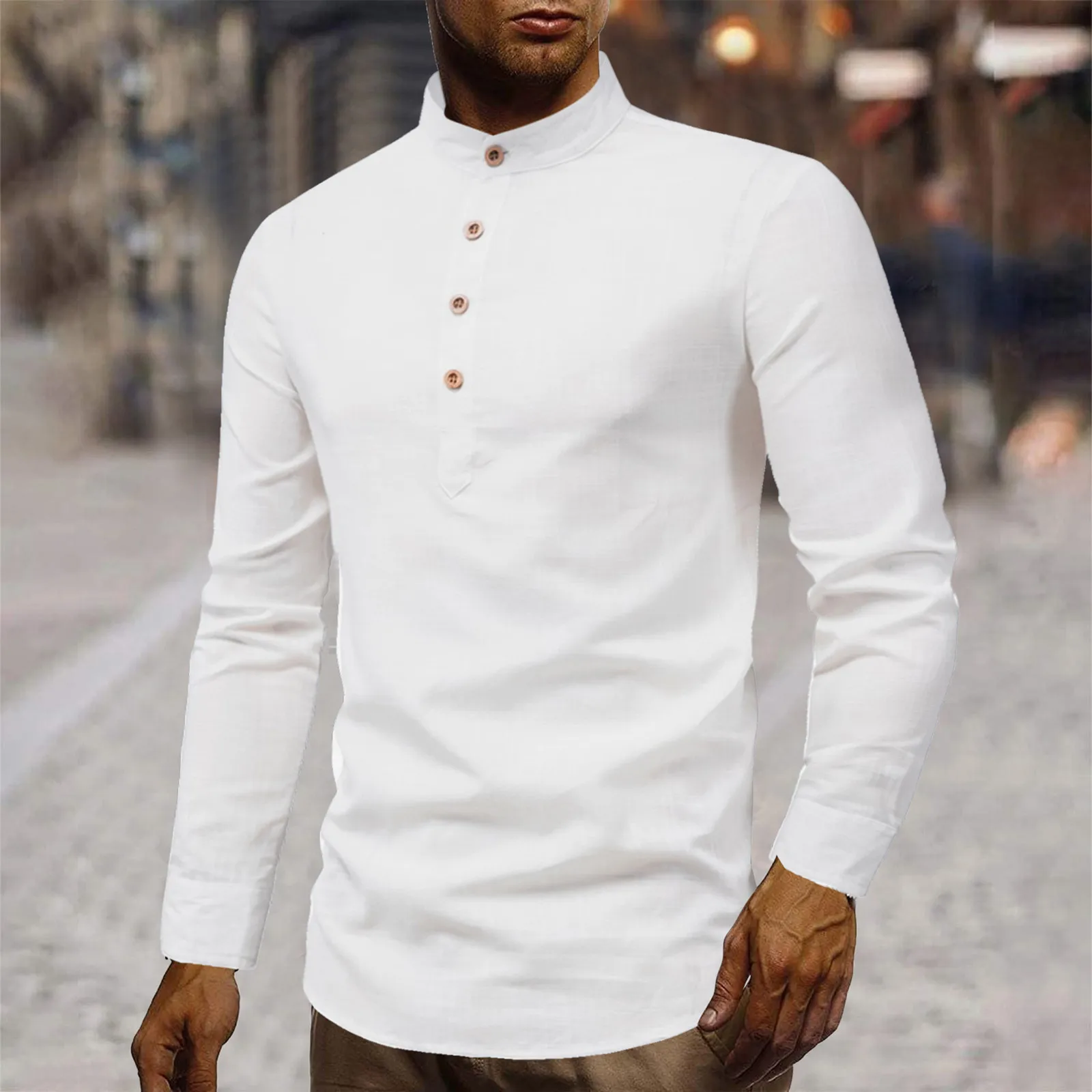 

Men'S Casual Classic Top Shirts Solid Color Long Sleeve Stand Collar Button Blouses Spring Summer Leisure Business Wear Hombre