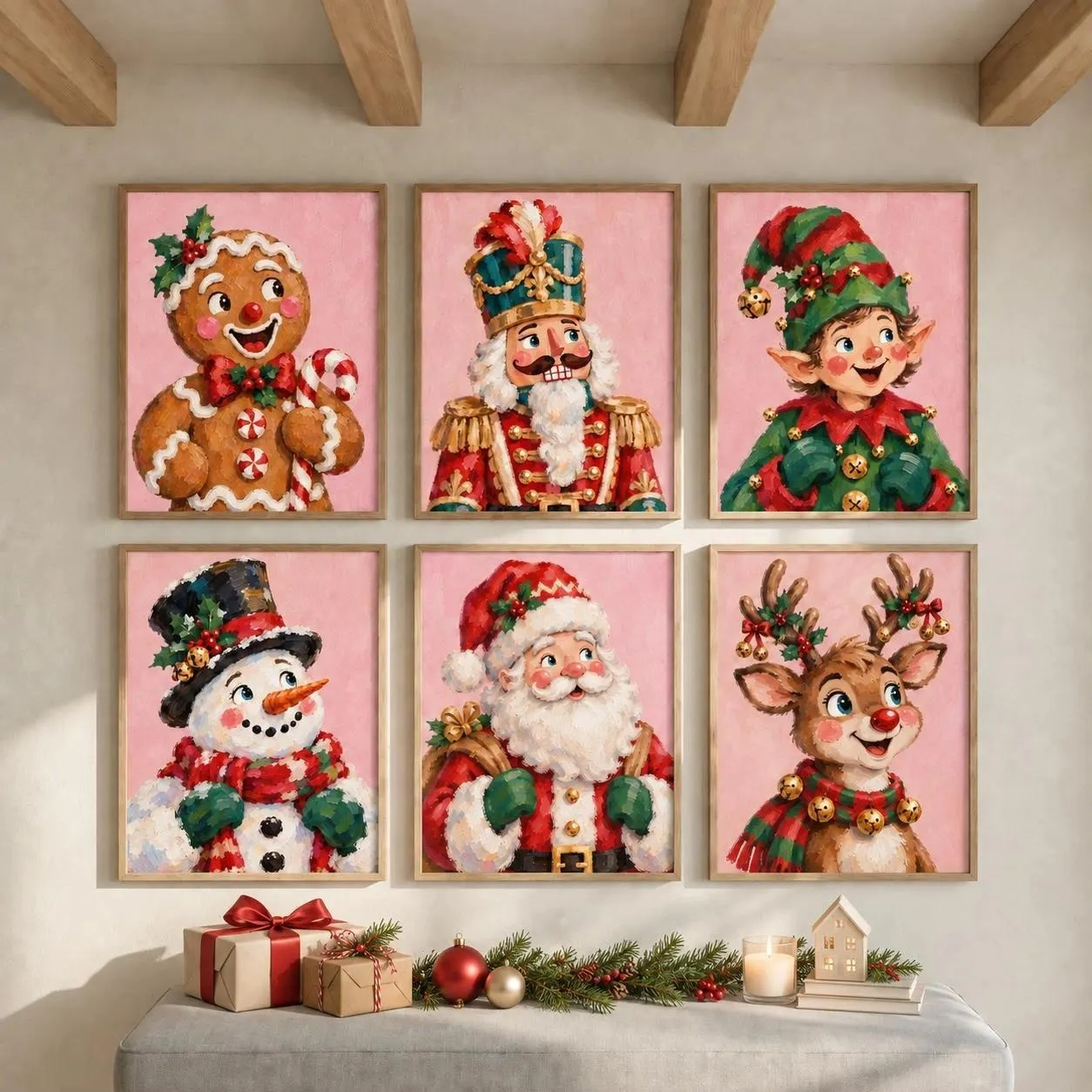 1/6pcs Pink Christmas Wall Art Prints Posters Santa, Gingerbread, Nutcracker, Reindeer, Snowman Poster for Living Room Decor