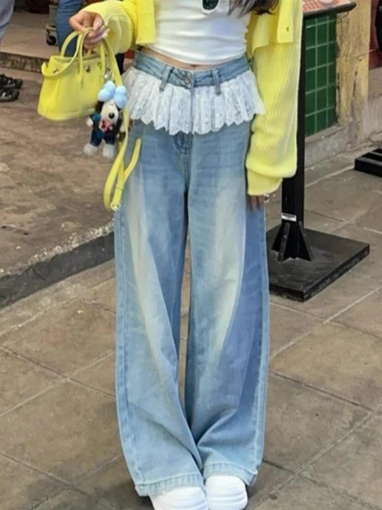 

Summer 2025 High Waist Straight Leg Jeans Women's Wide Leg Patchwork Lace Trim Design Slimming Long Pants Casual Style