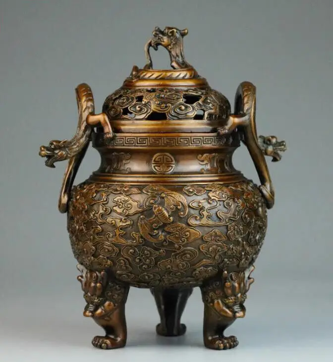 Chinese Buddhist Copper Dragon Bat Beast Statue Incense Burner Censer