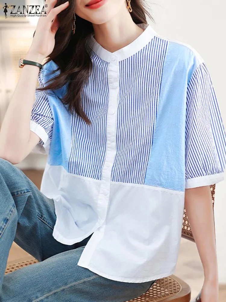 ZANZEA Oversized Patchwork All-match Blusas Stripes Shirt Women Korean Half Sleeve Blouse Tops 2024 Summer Fashion Buttons Tunic