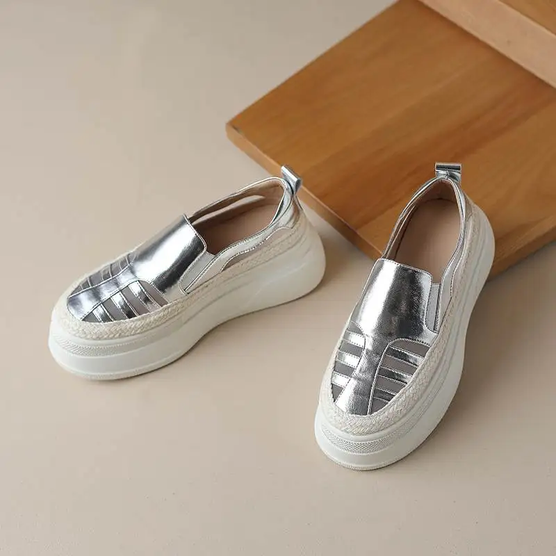 Krazing Pot Cow Leather Brand Ventilate Leisure Round Toe Hollow Decoration Platform Sneakers Slip On Women Vulcanized Shoes