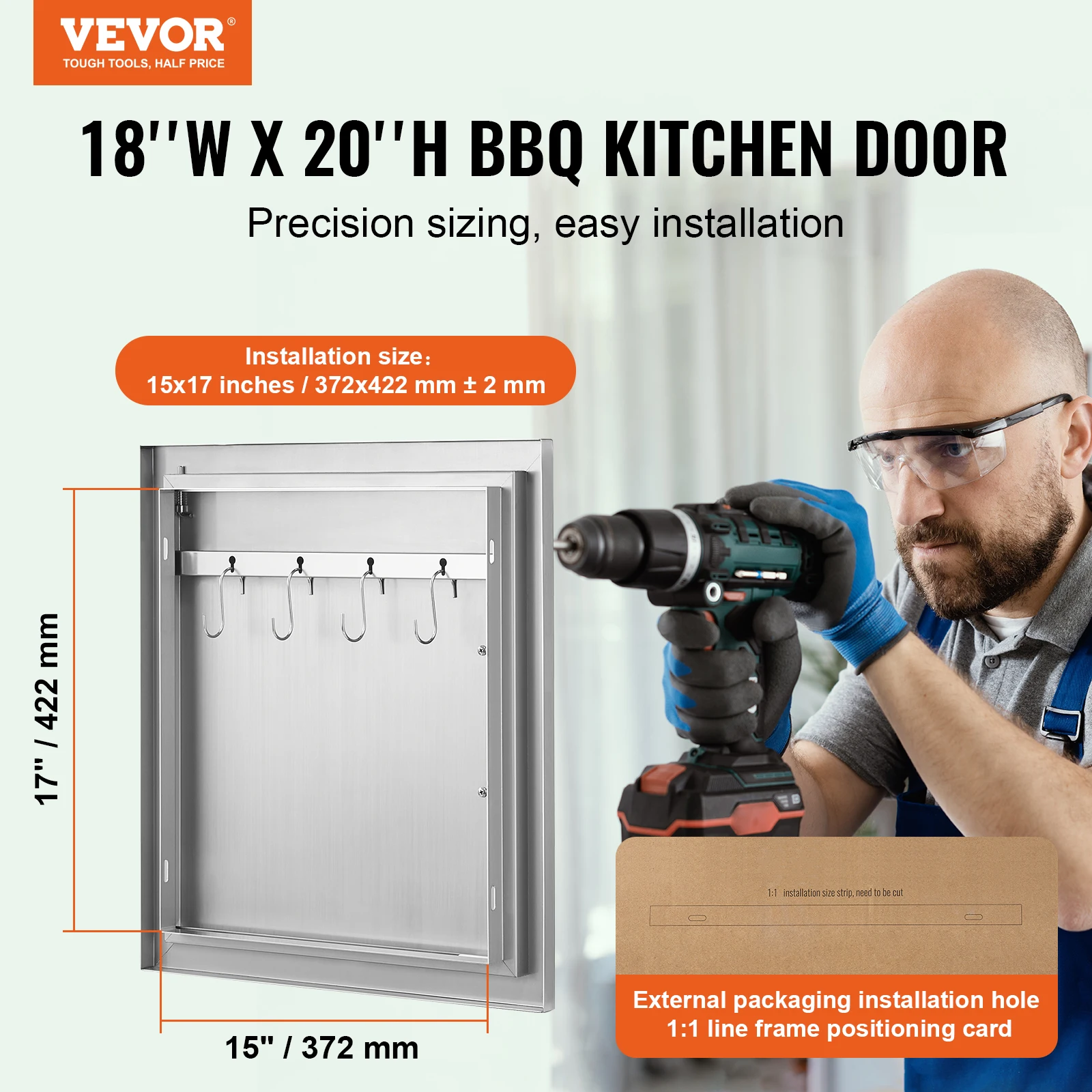 Vevor ประตูทางเข้า BBQ 18W x 20H นิ้วประตูห้องครัวกลางแจ้งแบบเดี่ยวประตูสแตนเลสแบบฟลัชเมาต์ประตูแนวตั้งพร้อมที่จับ
